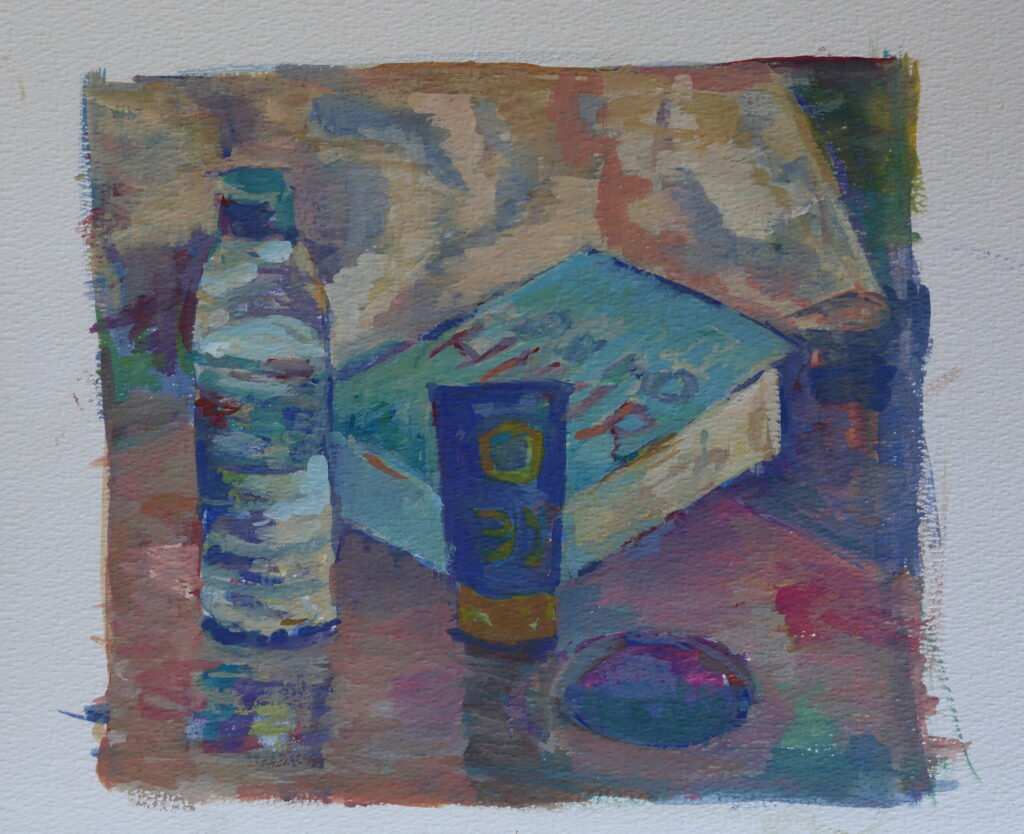 Flesje water bij het zwembad, juli 2025, Vrij werk, Azoren, 20x30 cm, Gouache, Artislique