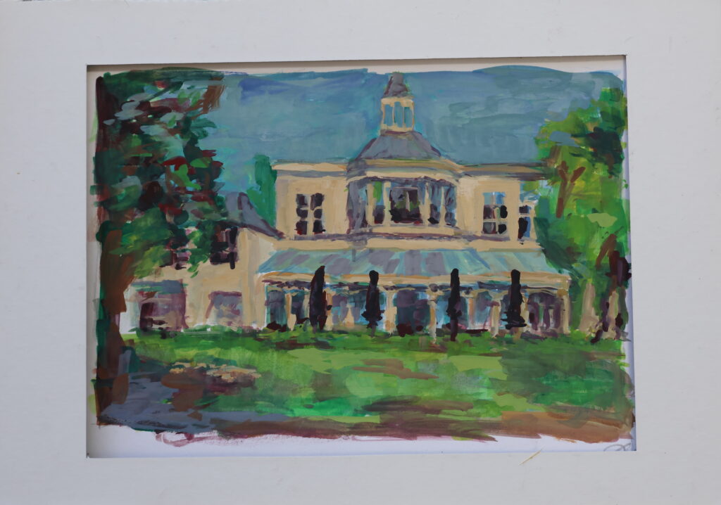Villa Ockenburgh Vooraanzicht, juni 2024, Vrijbuiters, Ockenburghse Bos, 20x30 cm, Gouache, Artislique