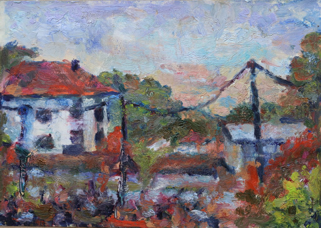 Huis met telegraaflijn, Vrijbuiters, 8x25 cm, Olieverf op karton, Artislique