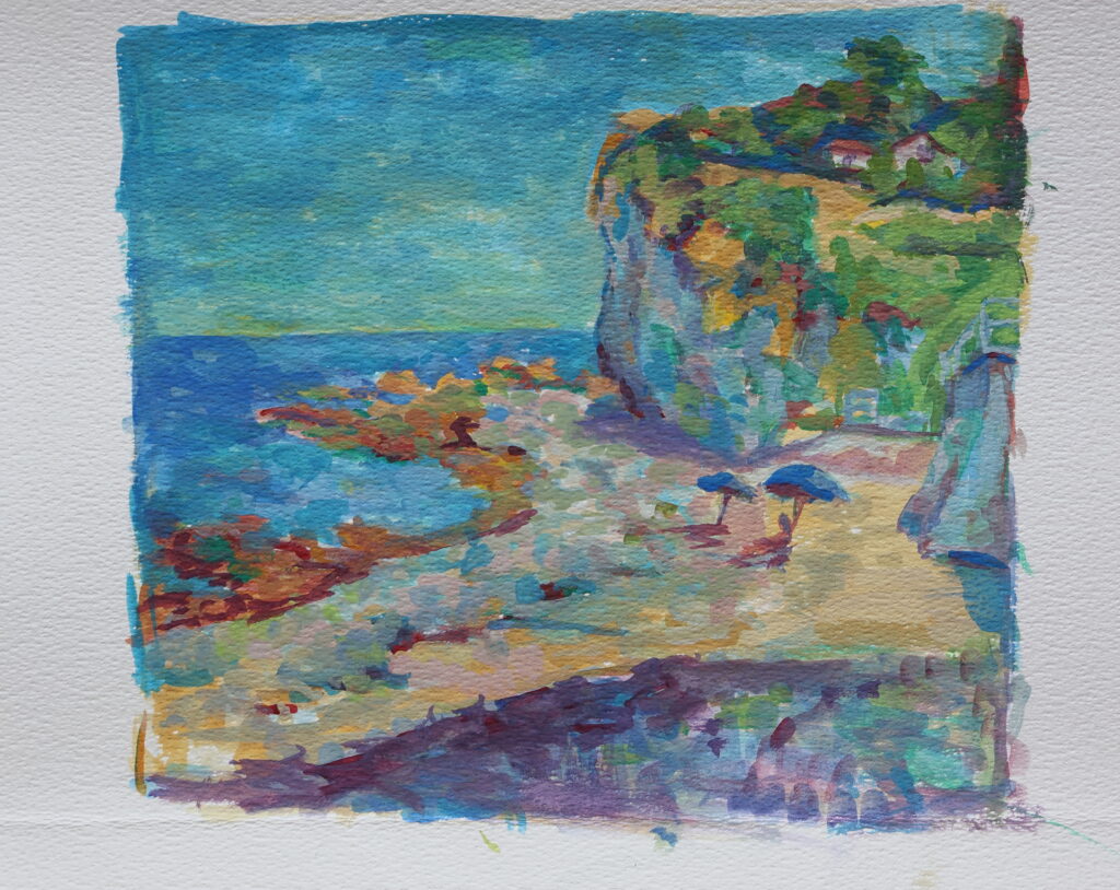 Plage de Vaucottes Noord, juli 2026, Vakantie, Normandie, 20x30 cm, Gouache, Artislique